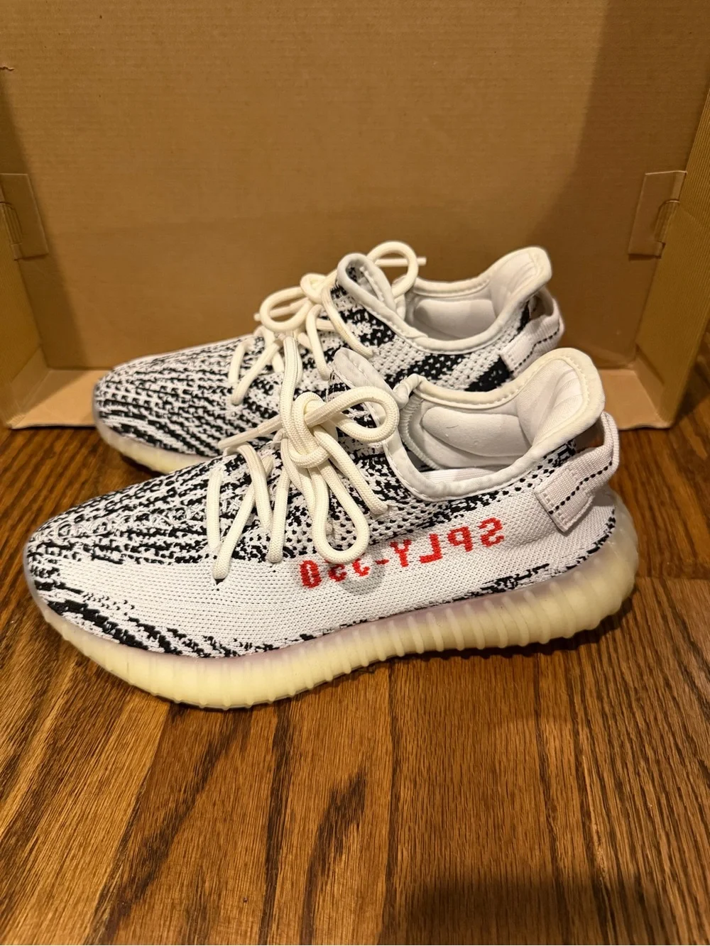 Adidas Yeezy Zebra Knit Lace-Up Sneakers in White & Black
